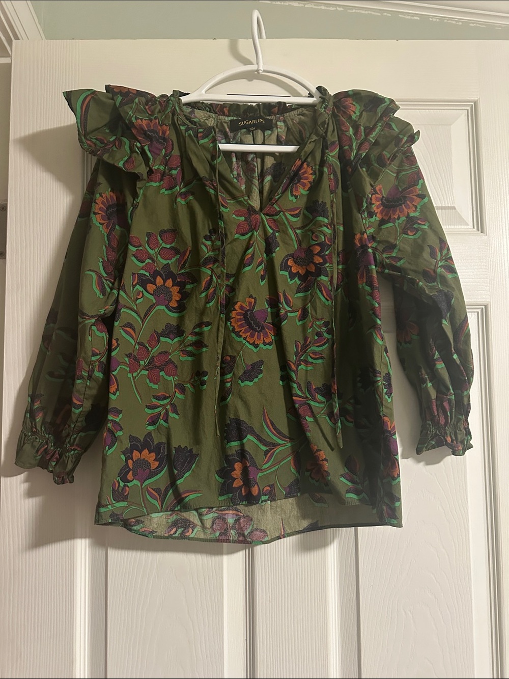 Sugarlips Olive Floral Ruffle Tie-Neck Blouse